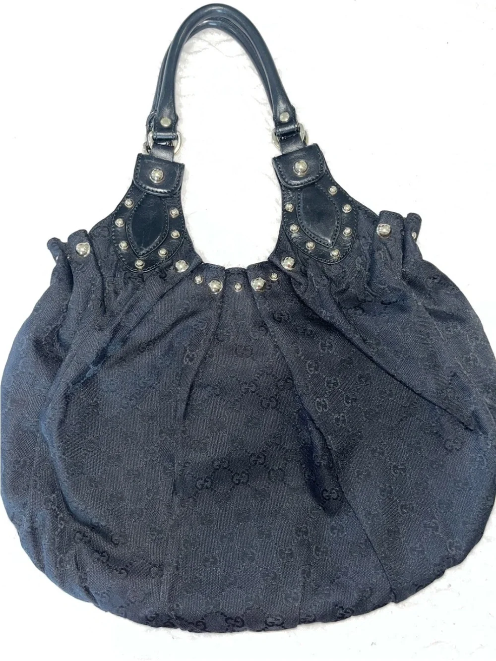 Gucci Pelham Gold Studded Black Canvas Bag w/dust bag, books, envelope